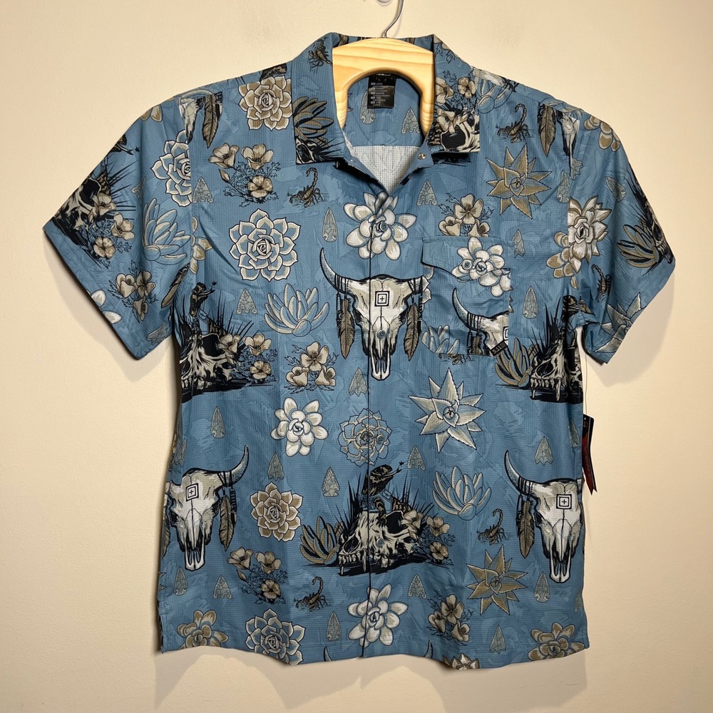 5.11 Tactical Oscar SS Shirt Mens Large Blue Regular Fit Skull Desert Print NWT